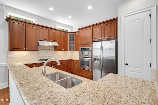 kitchen featuring glass insert cabinets, appliances with stainless steel finishes, under cabinet range hood, a sink, and decorative backsplash