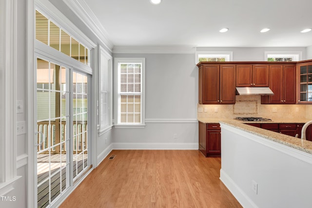kitchen with under cabinet range hood, light wood finished floors, backsplash, and a healthy amount of sunlight