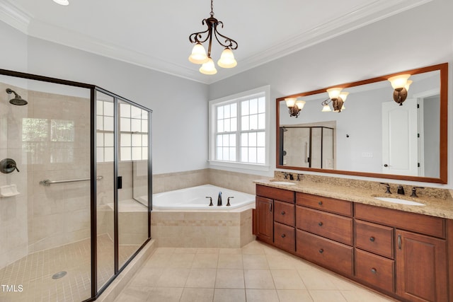 full bath with a sink, a bath, and a stall shower