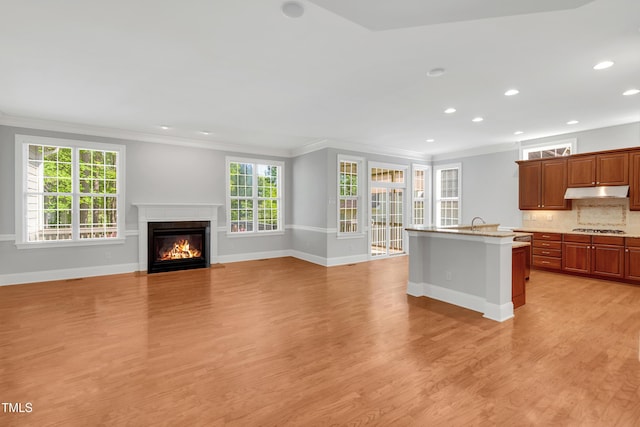 kitchen with light wood-type flooring, ornamental molding, and gas cooktop