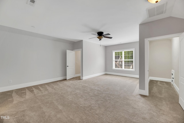 unfurnished bedroom with a ceiling fan, baseboards, carpet, and visible vents