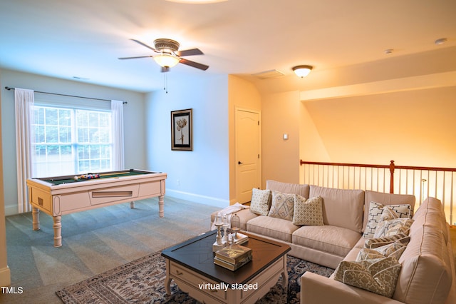 living area with pool table, a ceiling fan, visible vents, carpet flooring, and baseboards