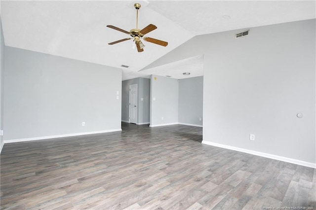 unfurnished room with hardwood / wood-style flooring, ceiling fan, and lofted ceiling