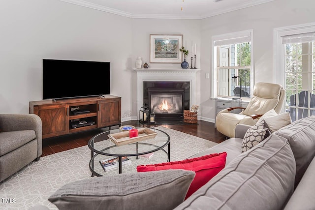 living room featuring dark wood-type flooring and ornamental molding