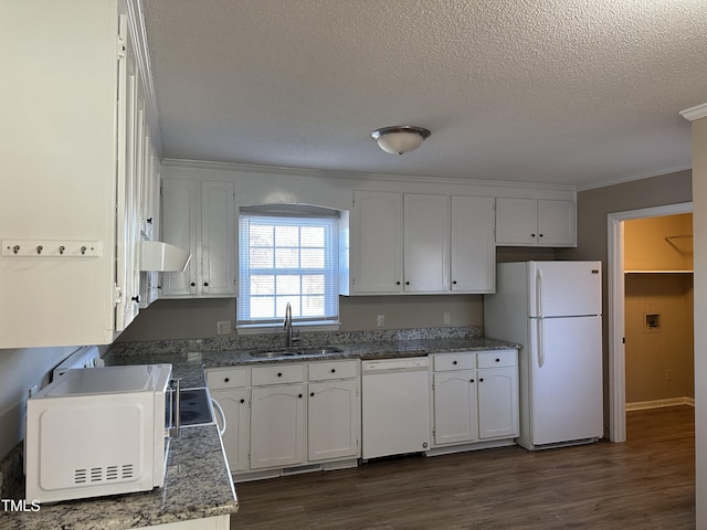 kitchen featuring a textured ceiling, white appliances, crown molding, sink, and white cabinets