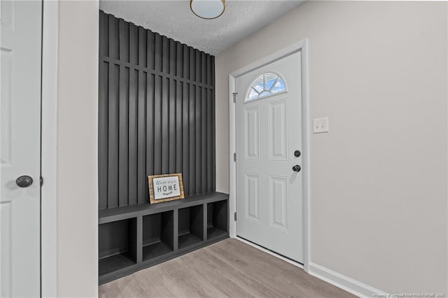 mudroom with a textured ceiling and light hardwood / wood-style floors