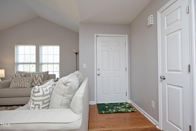 living room with lofted ceiling and wood-type flooring