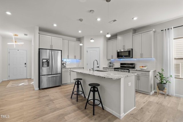 kitchen with light stone countertops, a center island with sink, visible vents, a sink, and stainless steel appliances