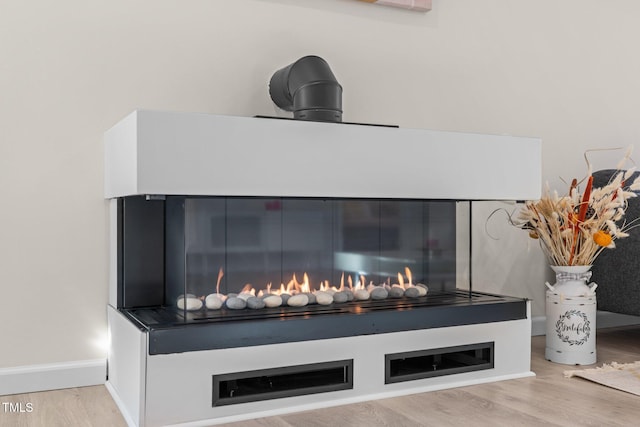 details with a glass covered fireplace, baseboards, and wood finished floors