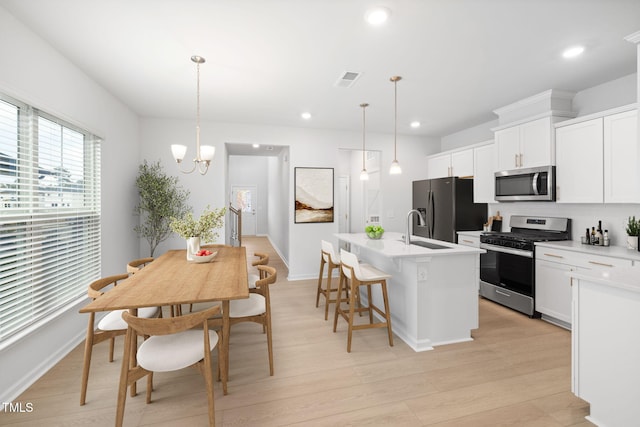 kitchen with pendant lighting, a center island with sink, a kitchen breakfast bar, white cabinets, and appliances with stainless steel finishes