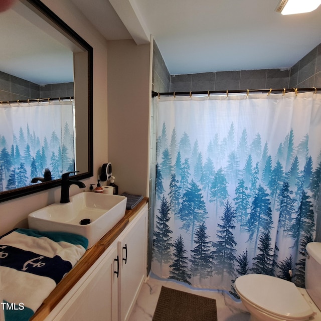 bathroom featuring vanity, toilet, and curtained shower