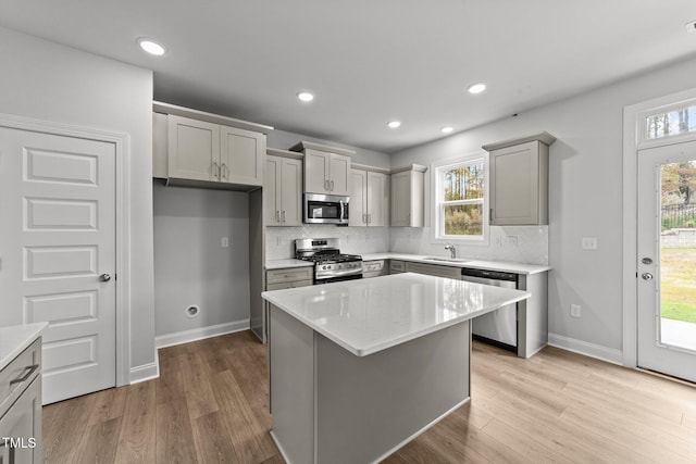 kitchen featuring gray cabinetry, sink, tasteful backsplash, a kitchen island, and appliances with stainless steel finishes