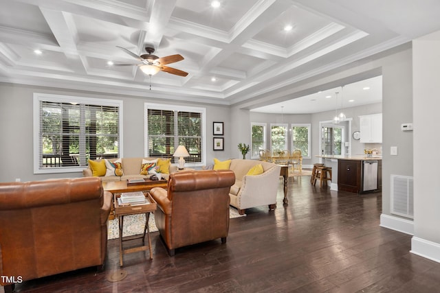 living room featuring ceiling fan with notable chandelier, plenty of natural light, ornamental molding, and coffered ceiling