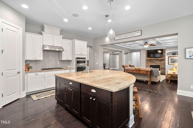 kitchen with white cabinets, a stone fireplace, hanging light fixtures, ceiling fan, and appliances with stainless steel finishes