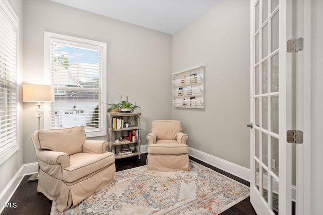 living area featuring dark hardwood / wood-style flooring and french doors