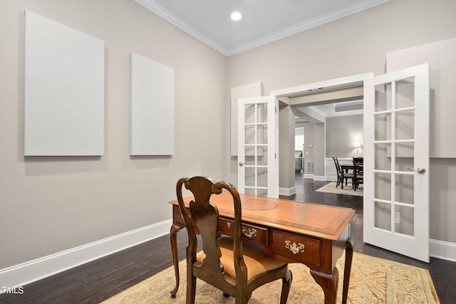 office space with french doors, dark wood-type flooring, and crown molding