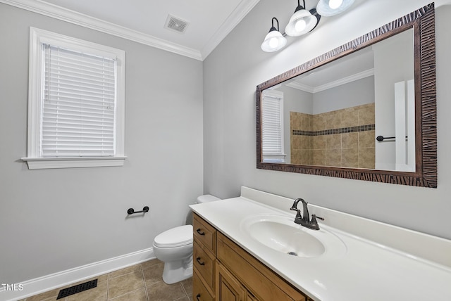 bathroom featuring tile patterned flooring, vanity, toilet, and crown molding