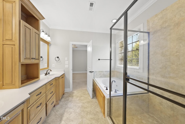 bathroom featuring tile patterned floors, vanity, separate shower and tub, and ornamental molding