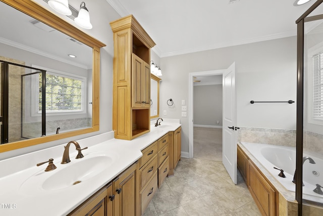 bathroom featuring vanity, ornamental molding, and independent shower and bath