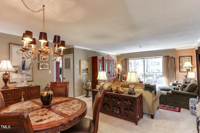 carpeted dining room featuring a textured ceiling, a notable chandelier, and crown molding