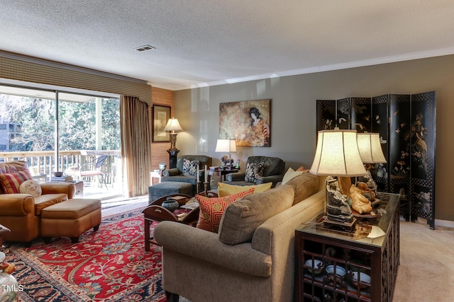 carpeted living room featuring crown molding and a textured ceiling