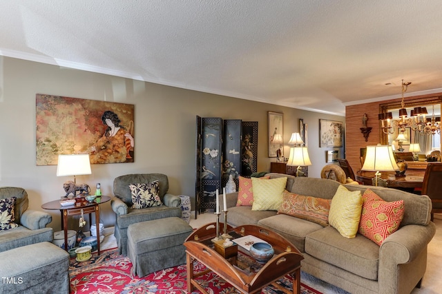 living room featuring a textured ceiling, crown molding, and an inviting chandelier