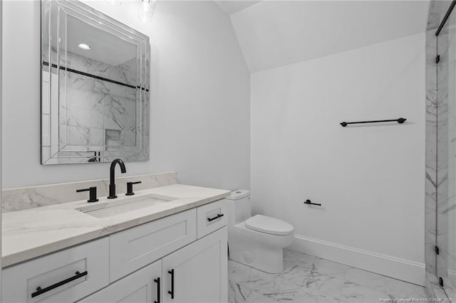 bathroom featuring toilet, vanity, baseboards, marble finish floor, and a marble finish shower