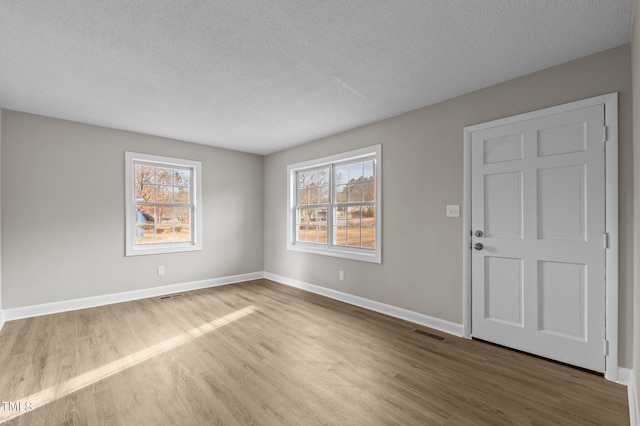 spare room with a healthy amount of sunlight, a textured ceiling, and wood-type flooring