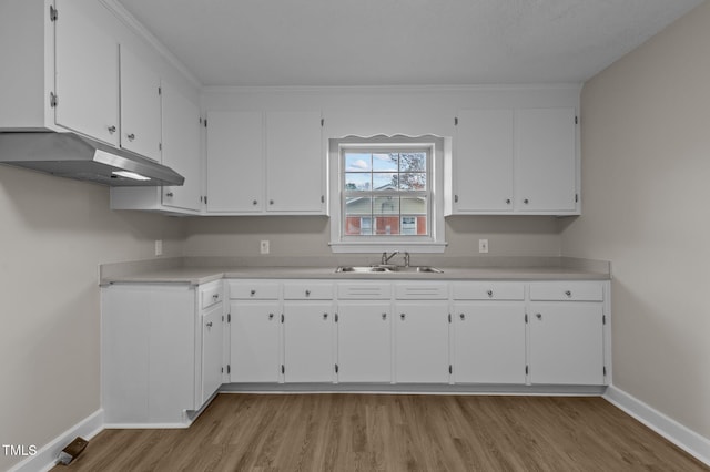 kitchen featuring light wood-type flooring, white cabinetry, and sink