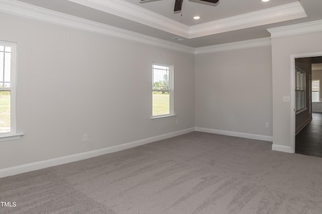 carpeted empty room with ceiling fan, crown molding, and a tray ceiling