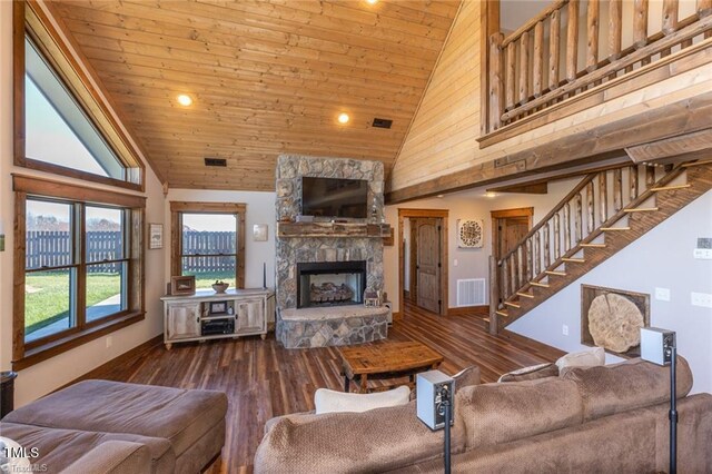 living room with dark hardwood / wood-style flooring, a fireplace, high vaulted ceiling, and wooden ceiling