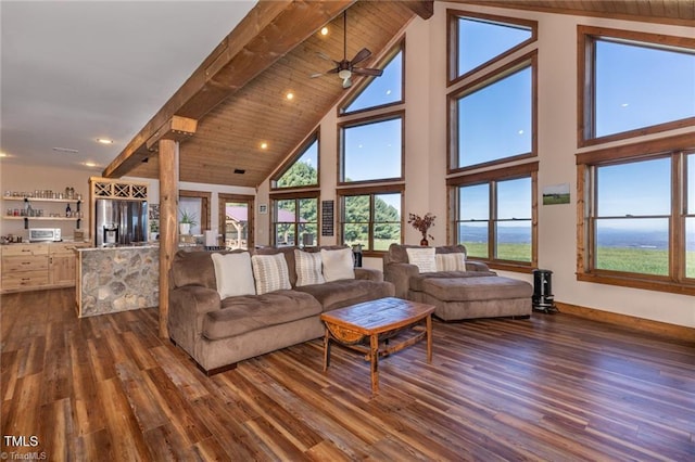 living room with ceiling fan, beam ceiling, high vaulted ceiling, wooden ceiling, and dark hardwood / wood-style floors