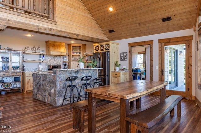 dining area featuring dark hardwood / wood-style flooring, high vaulted ceiling, and wood ceiling