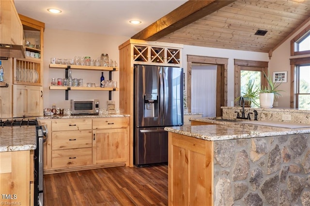 kitchen featuring wooden ceiling, vaulted ceiling with beams, light stone counters, dark hardwood / wood-style flooring, and appliances with stainless steel finishes