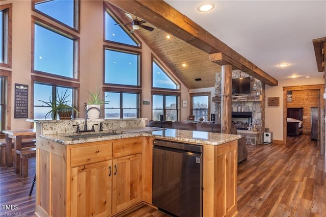 kitchen with high vaulted ceiling, dark hardwood / wood-style floors, a stone fireplace, and sink