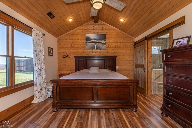 bedroom featuring wooden walls, dark wood-type flooring, ceiling fan, and wood ceiling