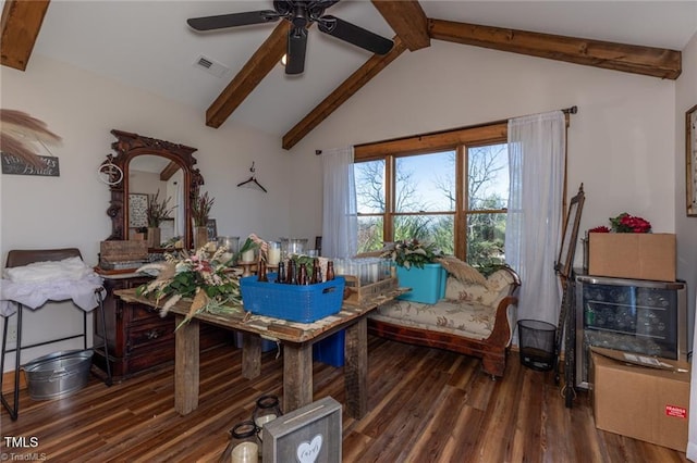 living area with vaulted ceiling with beams, ceiling fan, and wood-type flooring