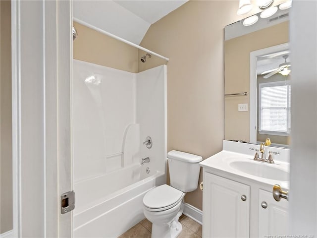 full bathroom featuring vanity,  shower combination, tile patterned floors, ceiling fan, and toilet