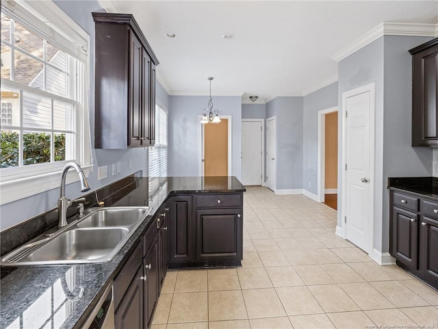 kitchen with sink, an inviting chandelier, crown molding, dark brown cabinets, and light tile patterned flooring