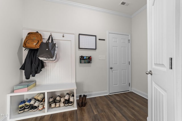 mudroom featuring dark hardwood / wood-style flooring and crown molding