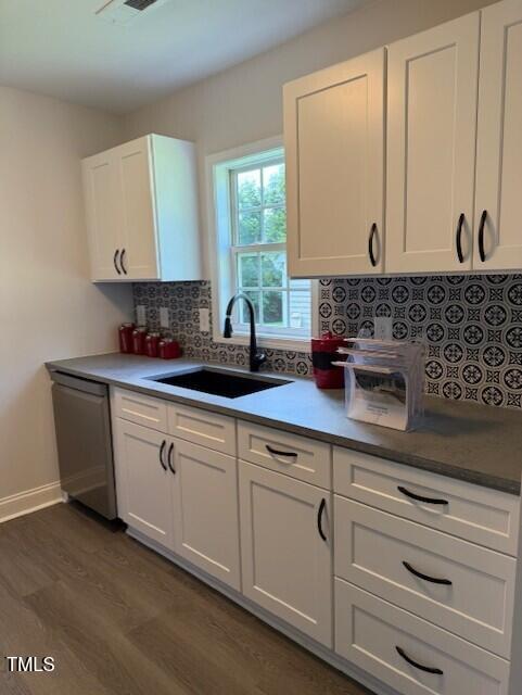415 Sowell St, Durham, NC 27701 - kitchen featuring dishwasher, dark wood-style floors, decorative backsplash, and white cabinets