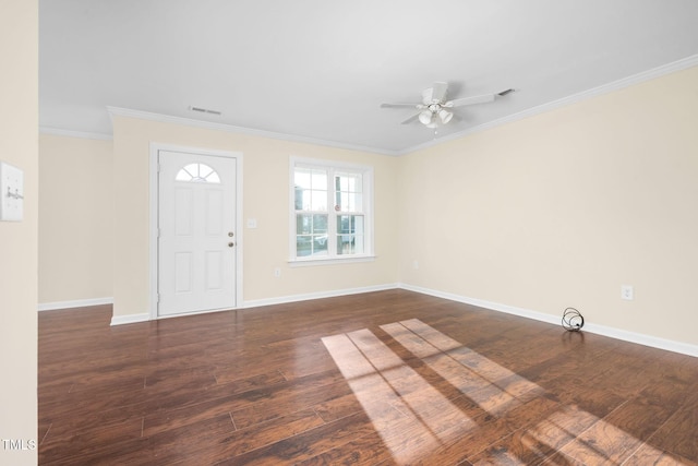 foyer featuring ceiling fan, dark hardwood / wood-style flooring, and ornamental molding