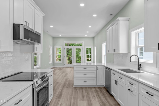 kitchen with kitchen peninsula, appliances with stainless steel finishes, white cabinetry, and sink