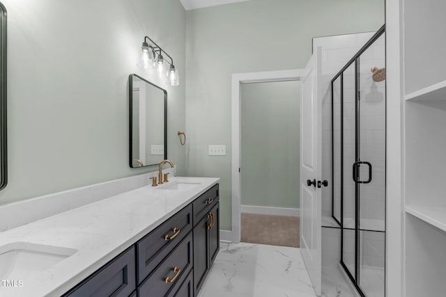 bathroom featuring vanity and an enclosed shower