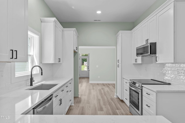 kitchen with white cabinetry and appliances with stainless steel finishes