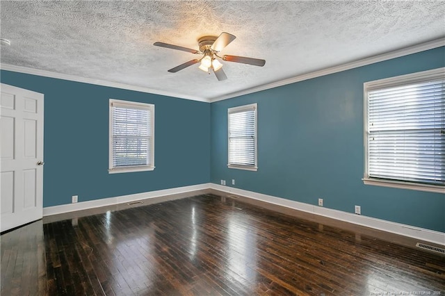 empty room featuring hardwood / wood-style floors, a textured ceiling, ceiling fan, and ornamental molding