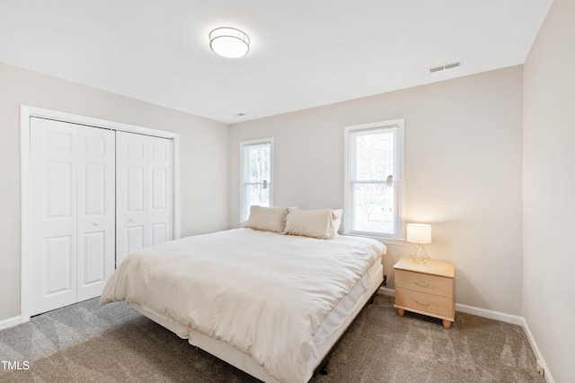 bedroom featuring a closet, multiple windows, and carpet