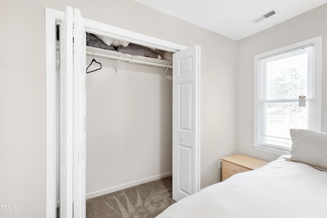 bedroom featuring carpet floors, a closet, and multiple windows