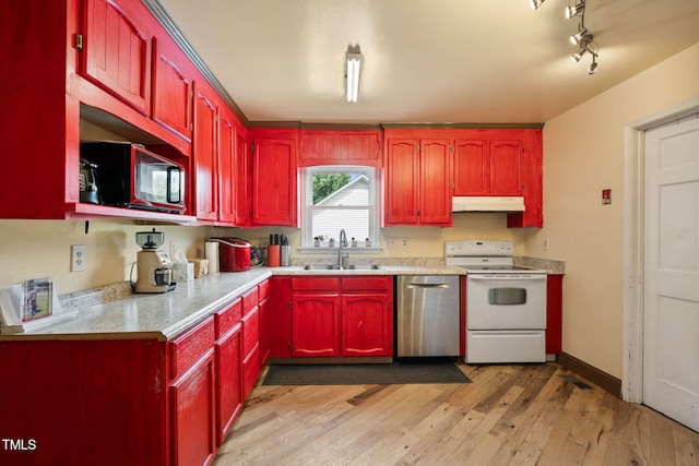 kitchen with sink, rail lighting, stainless steel dishwasher, white range with electric cooktop, and light wood-type flooring