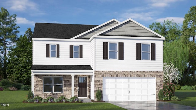 craftsman inspired home with a garage and a front lawn